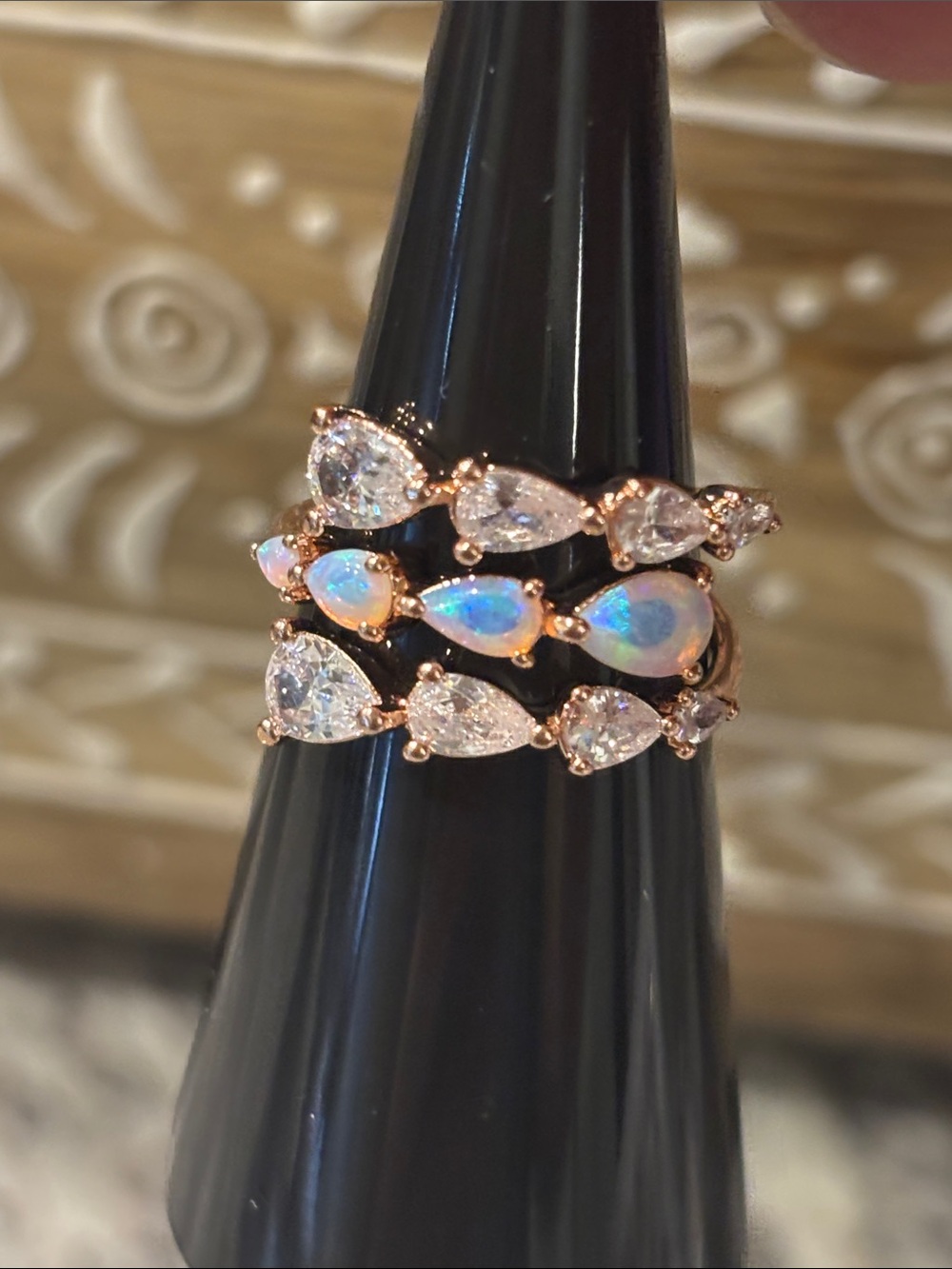 Rose Gold Opal Teardrop Stackable Ring Set - Iridescent Blue/White